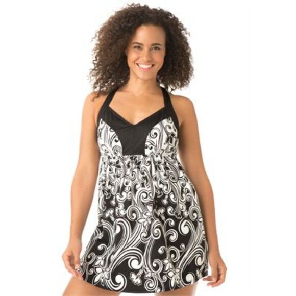 SWIM 365 Black & White Print Plus Sz 26 Beach Pool Built in Bra 1 Pc Swimdress - Picture 1 of 8